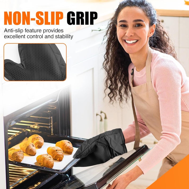 HSEEC Silicone Oven Mitts, Heat Resistant 2PCS Oven Mitts with Soft Cotton Lining, Waterproof Non-Slip Grip Oven Glove, Kitchen Potholder Mits for BBQ, Baking, Cooking, 10.5Inch - Dark Black - Image 5